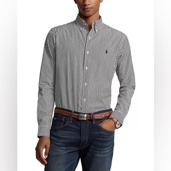 POLO RALPH LAUREN Classic Fit Striped Stretch Poplin Shirt Black Grey White Sm - Picture 4 of 11
